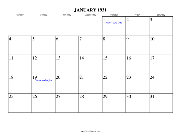January 1931 Calendar