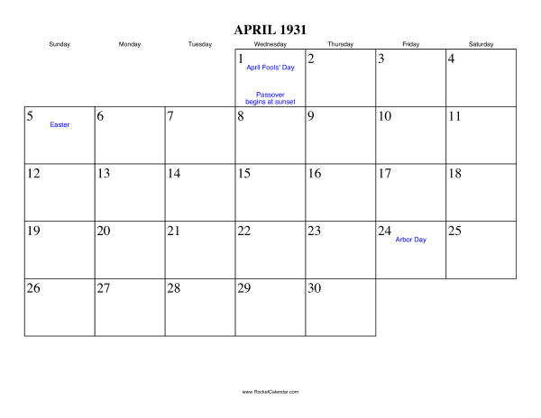 April 1931 Calendar
