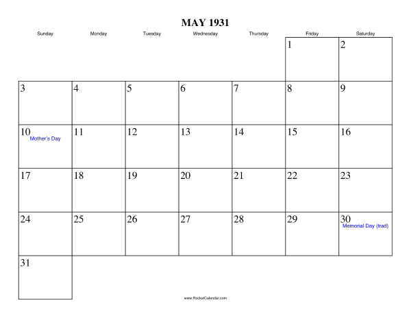 May 1931 Calendar