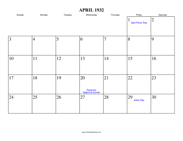 April 1932 Calendar