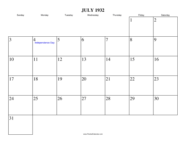 July 1932 Calendar