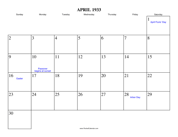 April 1933 Calendar