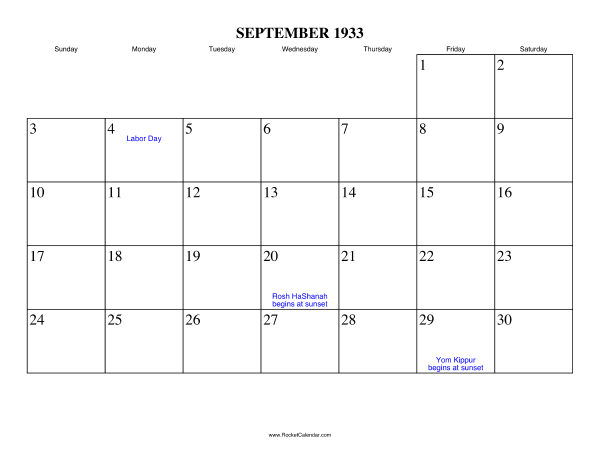 September 1933 Calendar