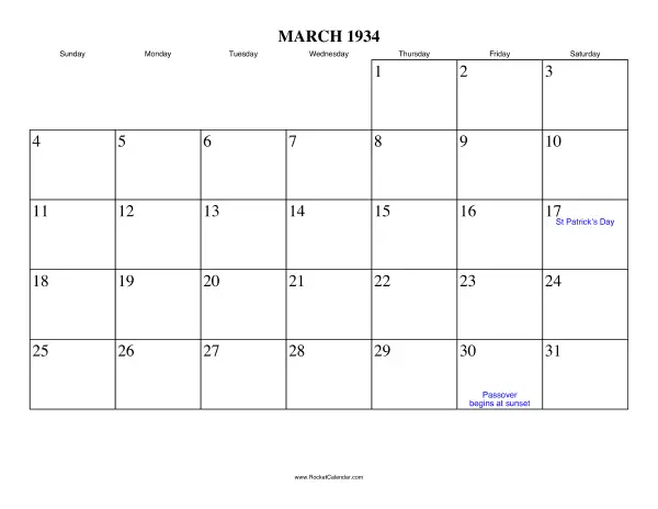 March 1934 Calendar