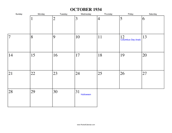 October 1934 Calendar