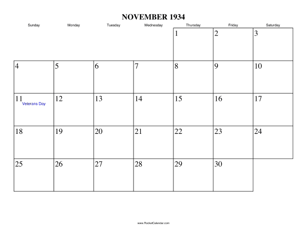 November 1934 Calendar