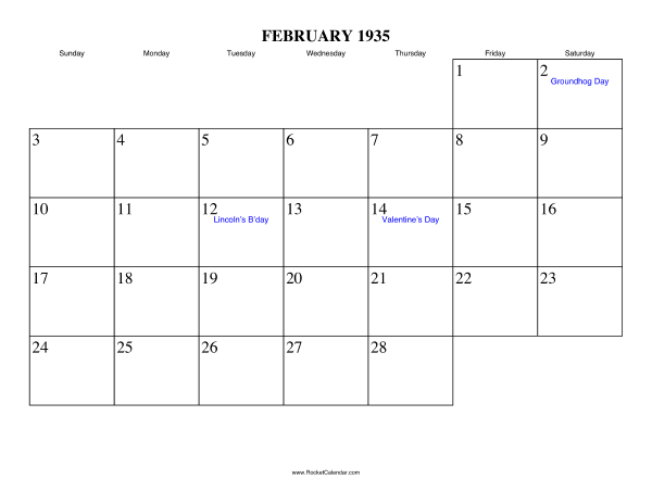 February 1935 Calendar