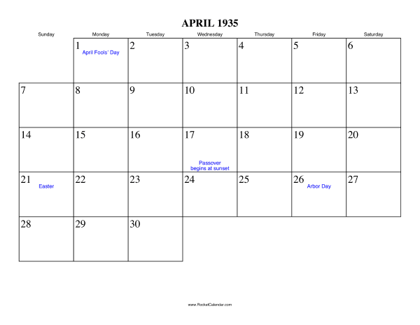 April 1935 Calendar