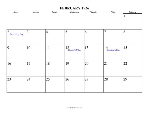 February 1936 Calendar