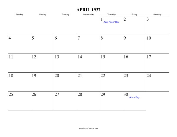 April 1937 Calendar
