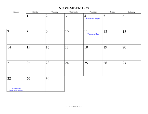November 1937 Calendar