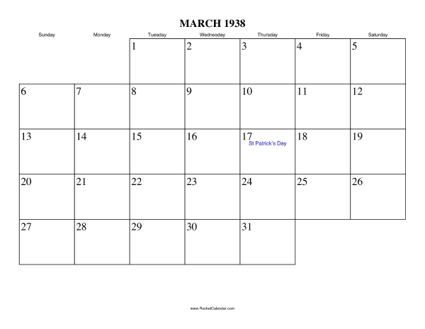 March 1938 Calendar