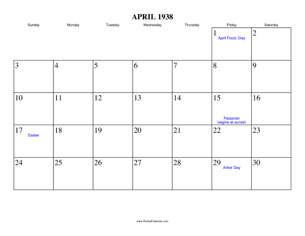 April 1938 Calendar