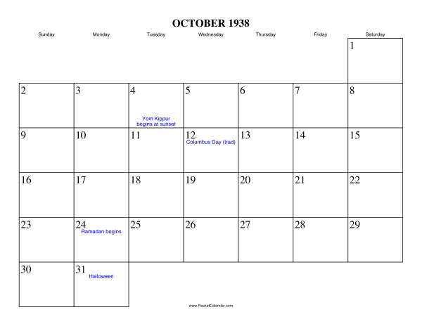 October 1938 Calendar