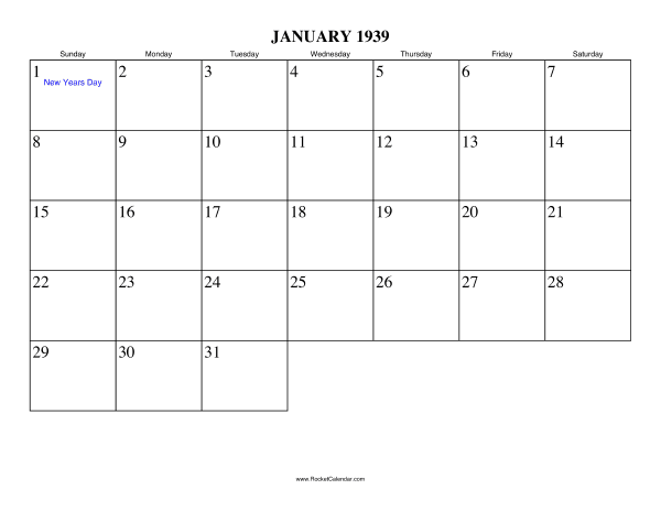 January 1939 Calendar