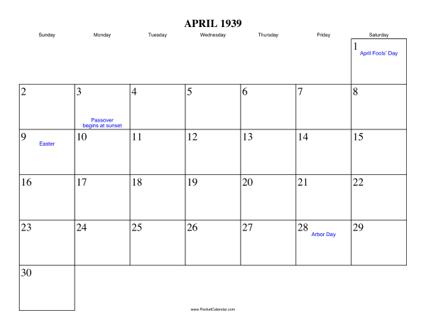 April 1939 Calendar