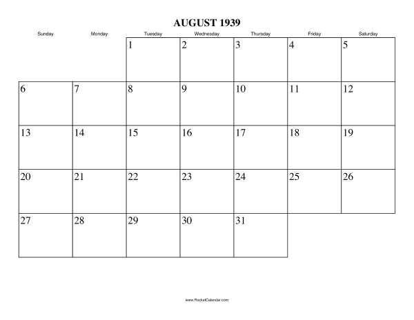 August 1939 Calendar