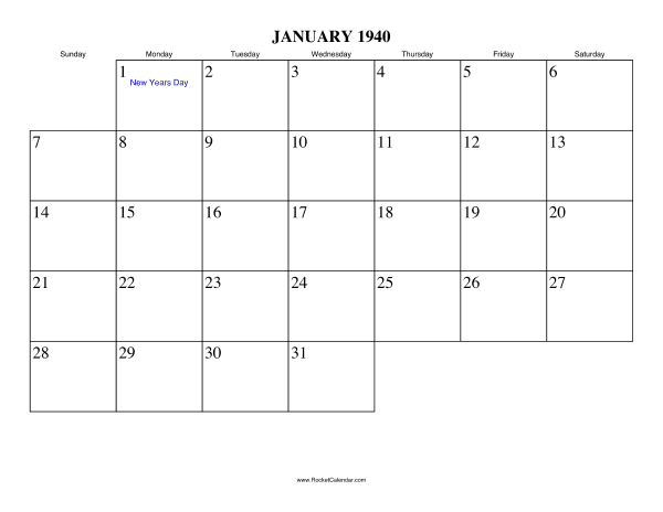 January 1940 Calendar