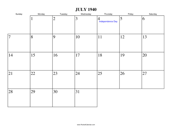 July 1940 Calendar