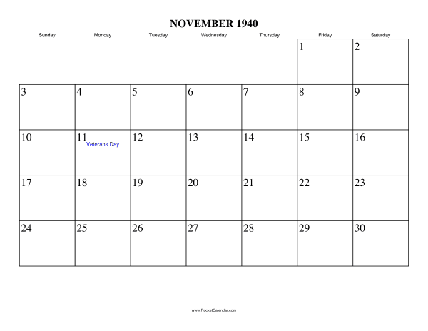 November 1940 Calendar