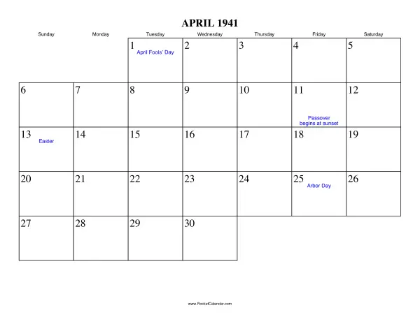 April 1941 Calendar
