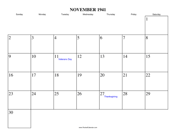 November 1941 Calendar