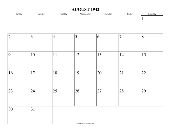 August 1942 Calendar