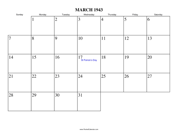 March 1943 Calendar