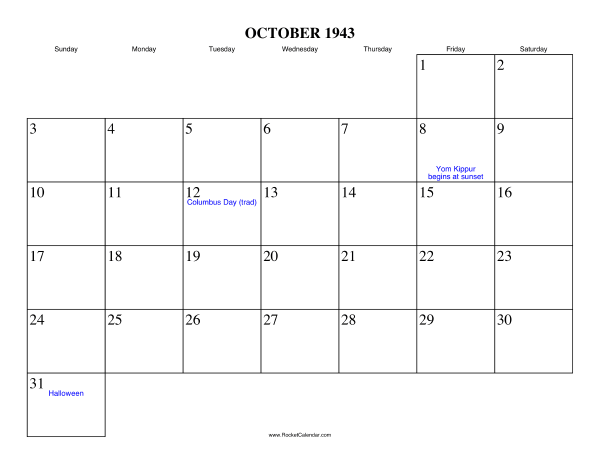 October 1943 Calendar