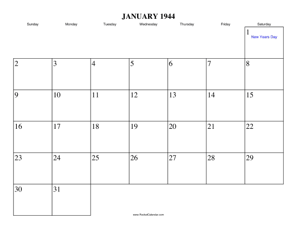 January 1944 Calendar