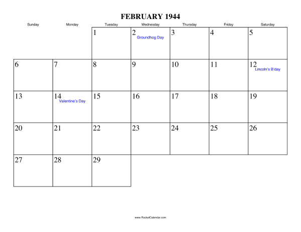 February 1944 Calendar