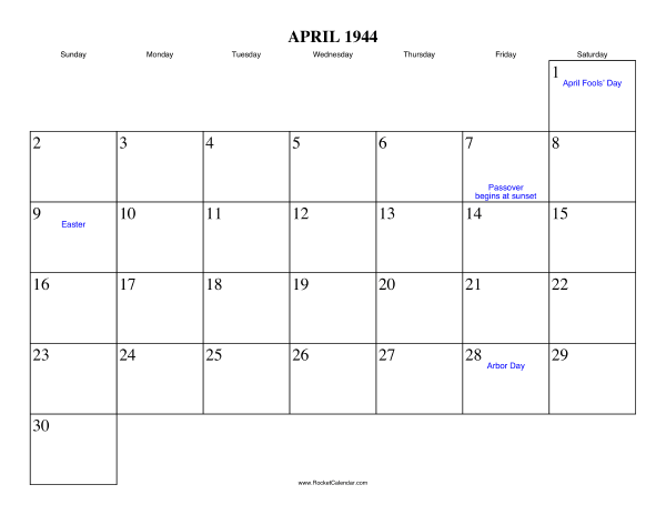 April 1944 Calendar