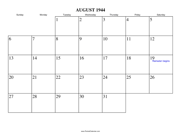August 1944 Calendar