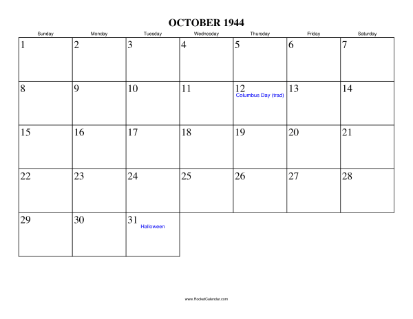 October 1944 Calendar