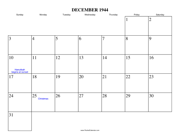 December 1944 Calendar