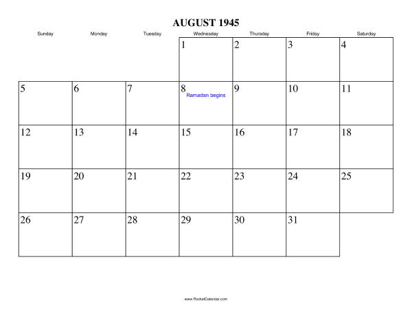 August 1945 Calendar
