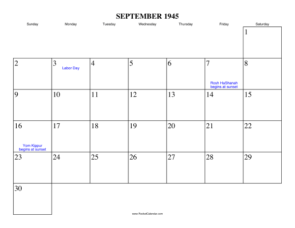 September 1945 Calendar