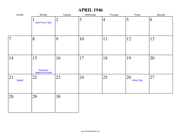 April 1946 Calendar