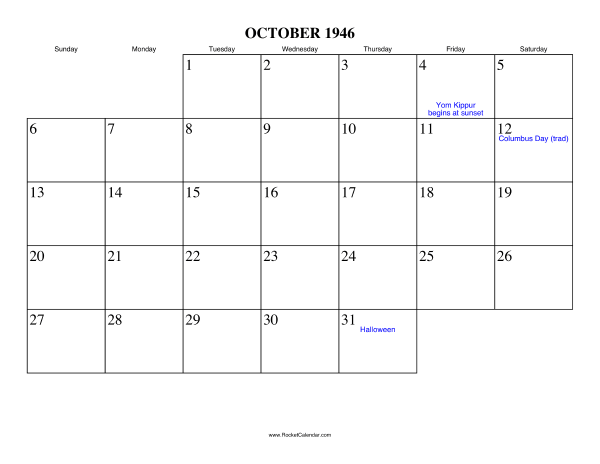 October 1946 Calendar