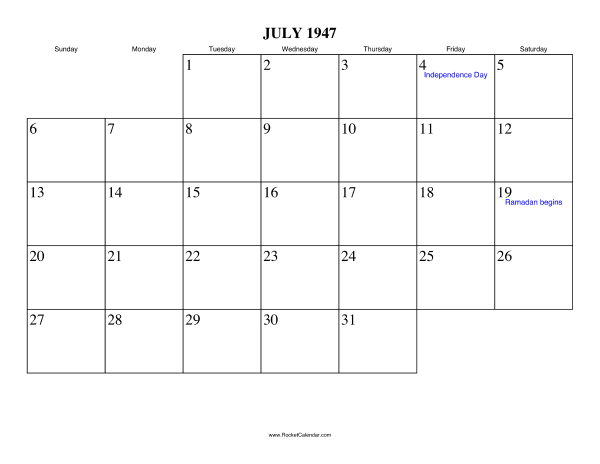 July 1947 Calendar