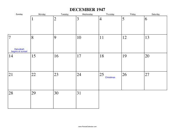 December 1947 Calendar