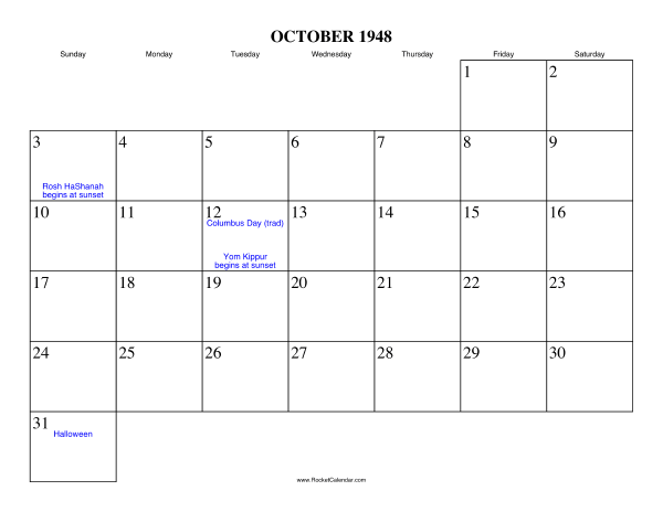 October 1948 Calendar