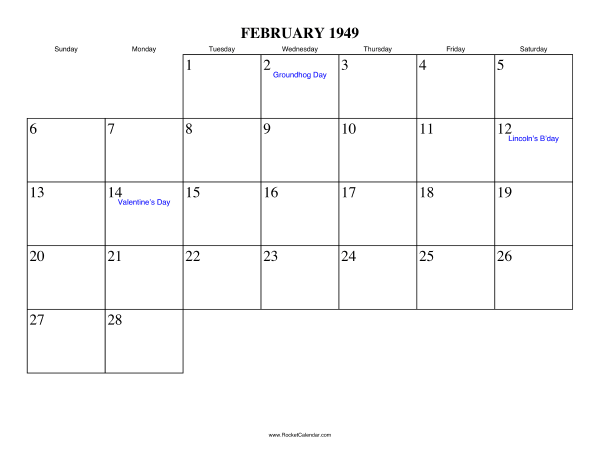 February 1949 Calendar