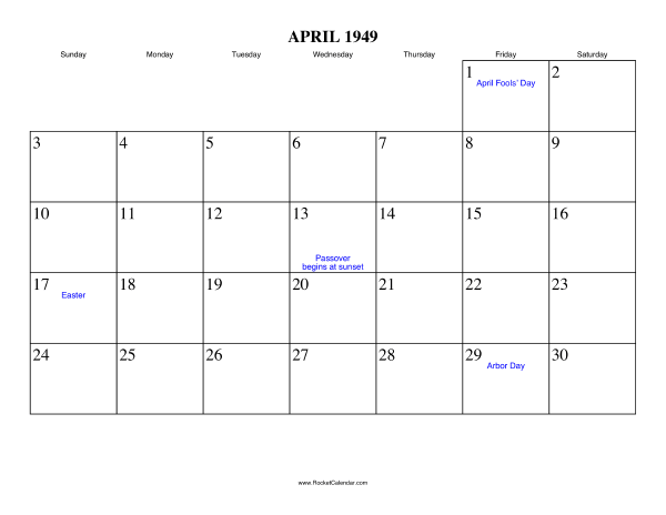 April 1949 Calendar