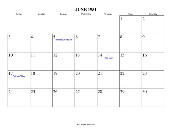 June 1951 Calendar