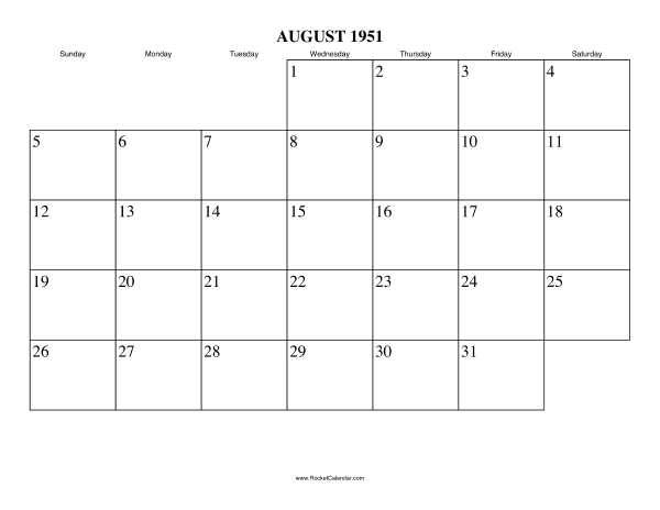 August 1951 Calendar