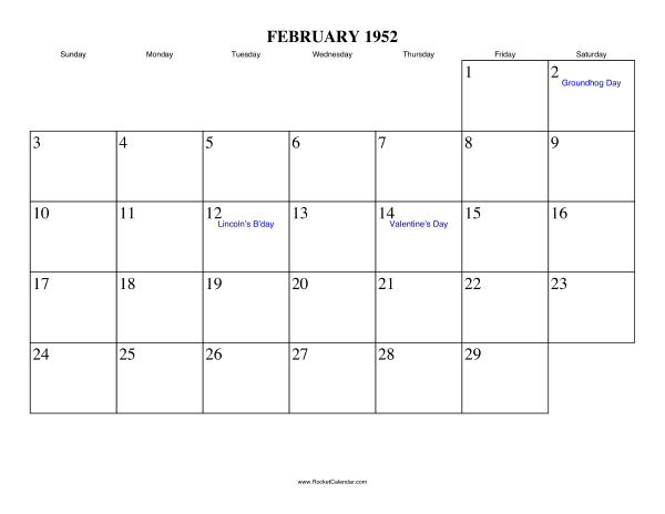 February 1952 Calendar
