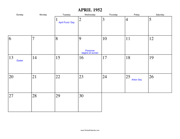 April 1952 Calendar