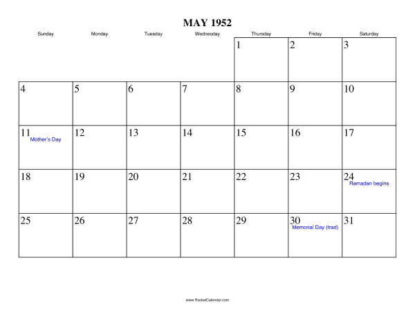 May 1952 Calendar