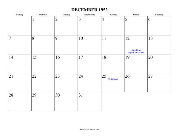 December 1952 Calendar